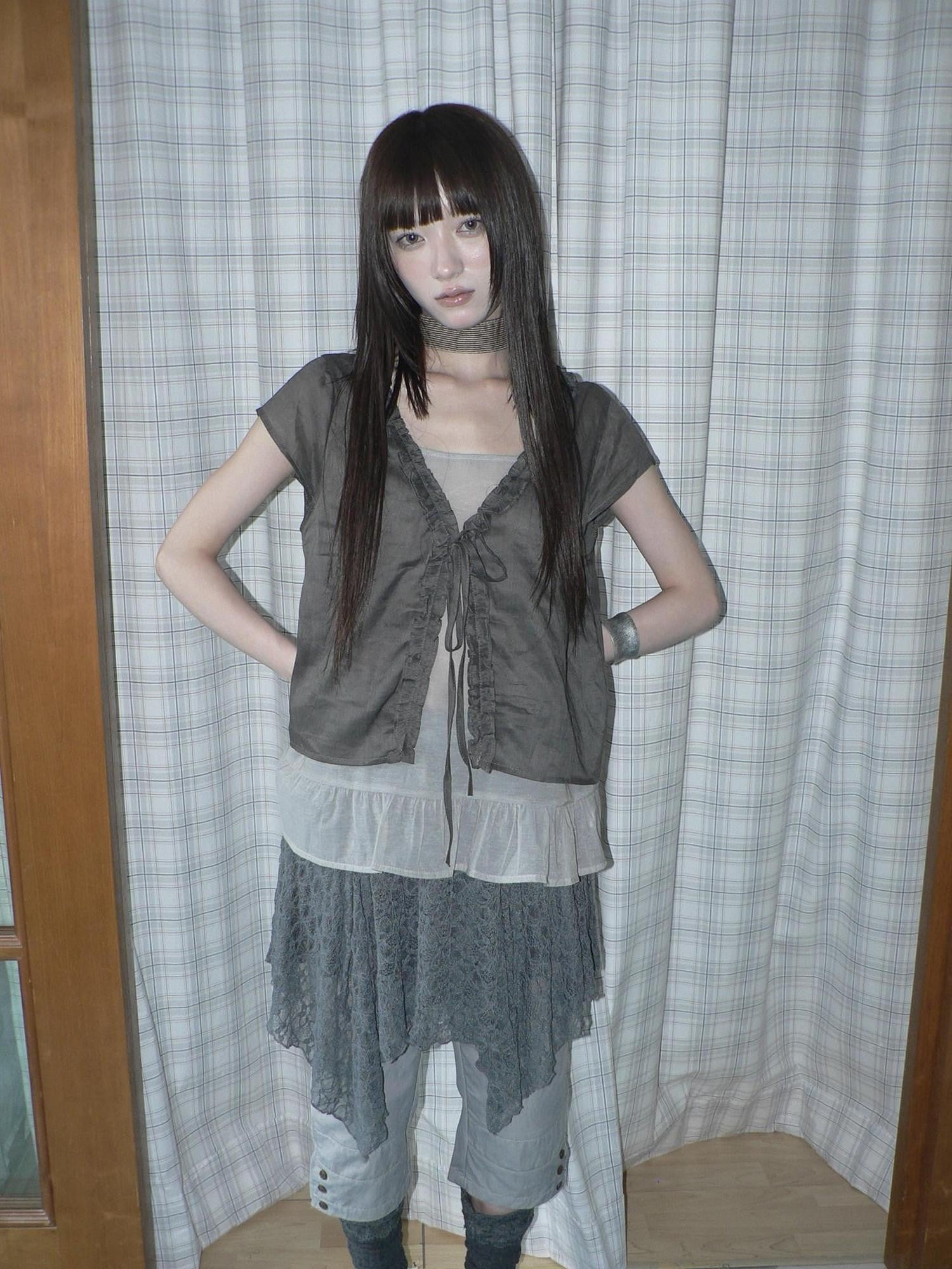 ang project Sheer Ruffle Patchwork Faux Two Piece Tie Korean Women&