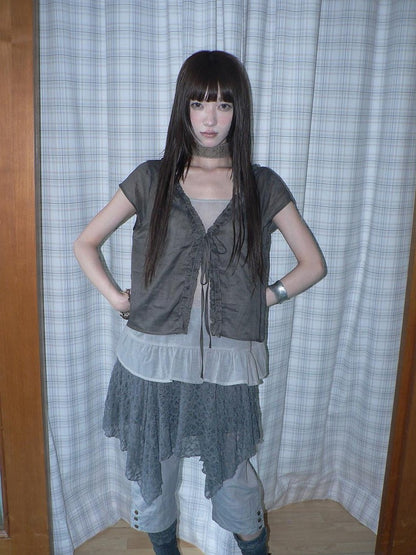 ang project Sheer Ruffle Patchwork Faux Two Piece Tie Korean Women&