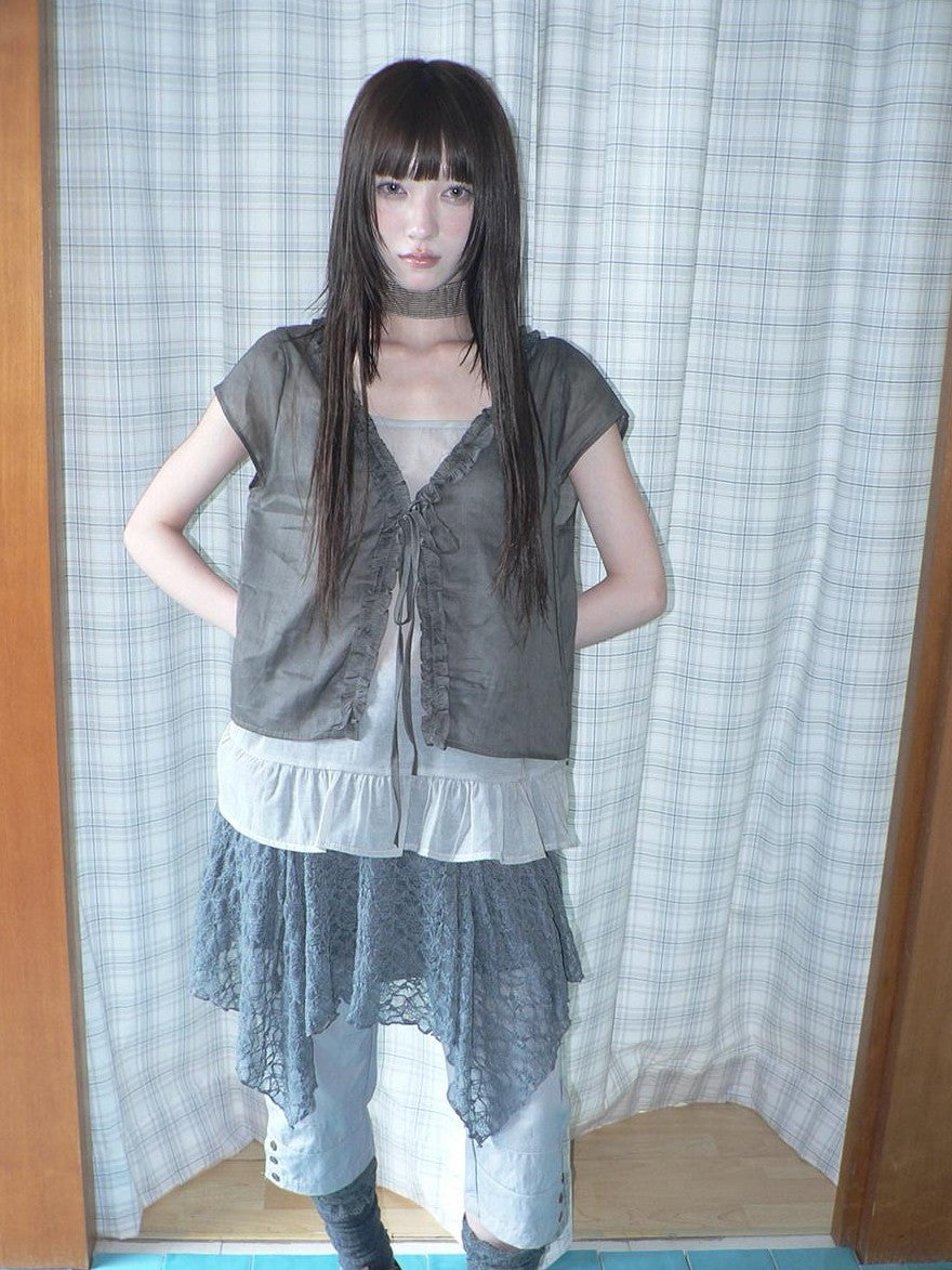 ang project Sheer Ruffle Patchwork Faux Two Piece Tie Korean Women&