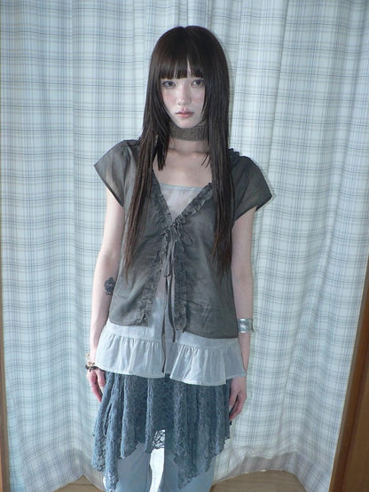 ang project Sheer Ruffle Patchwork Faux Two Piece Tie Korean Women&