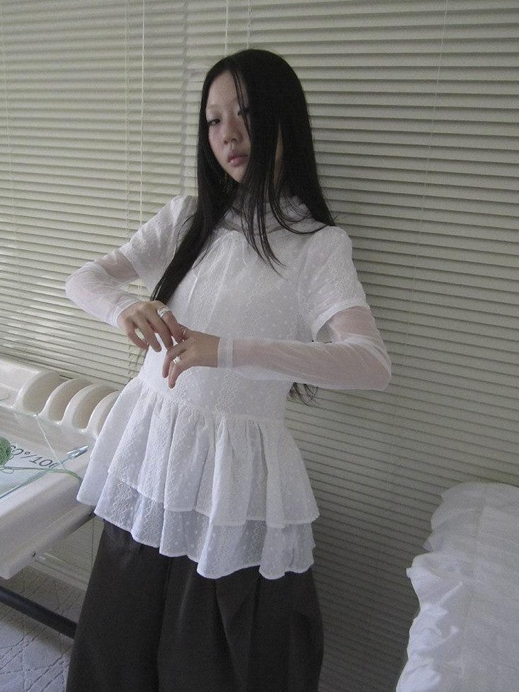 ang project Sheer White Mesh Draped Cowl Neck Women&