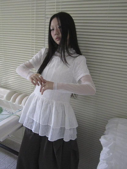 ang project Sheer White Mesh Draped Cowl Neck Women&