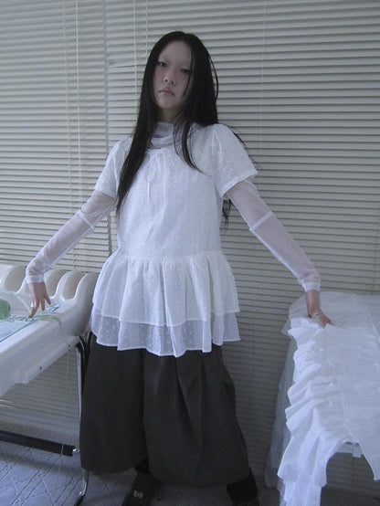 ang project Sheer White Mesh Draped Cowl Neck Women&
