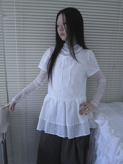 ang project Sheer White Mesh Draped Cowl Neck Women&