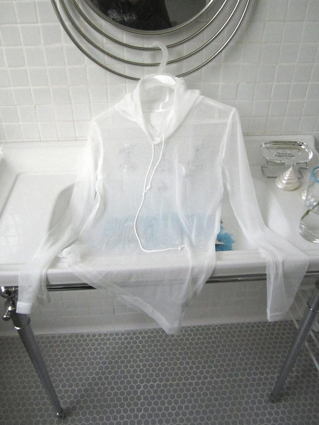 ang project Sheer White Mesh Draped Cowl Neck Women&
