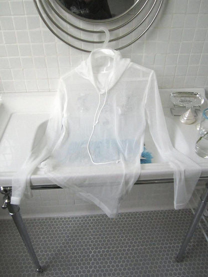 ang project Sheer White Mesh Draped Cowl Neck Women&