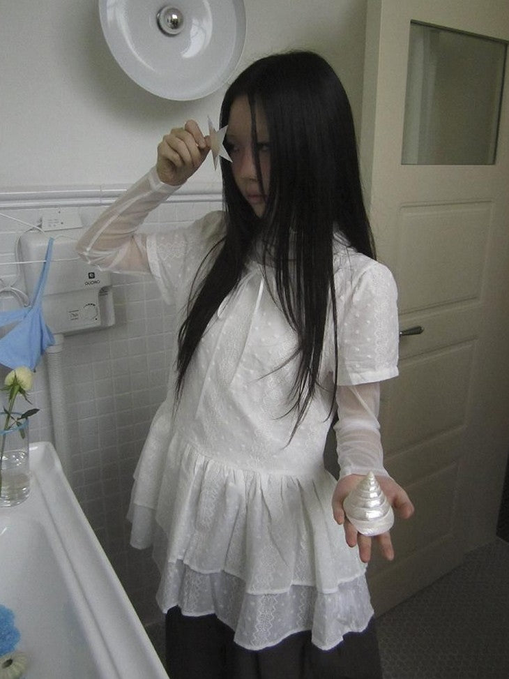 ang project Sheer White Mesh Draped Cowl Neck Women&