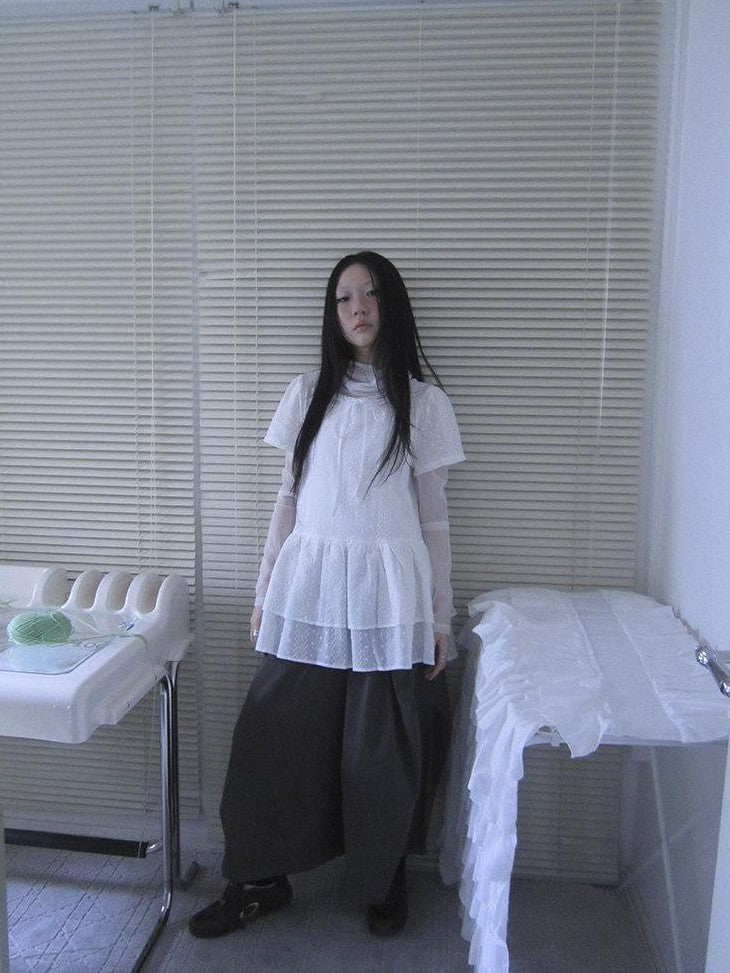 ang project Sheer White Mesh Draped Cowl Neck Women&