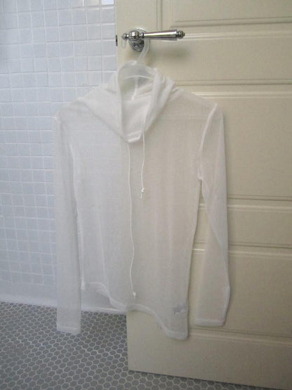 ang project Sheer White Mesh Draped Cowl Neck Women&