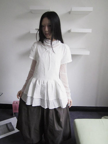 ang project Sheer White Mesh Draped Cowl Neck Women&