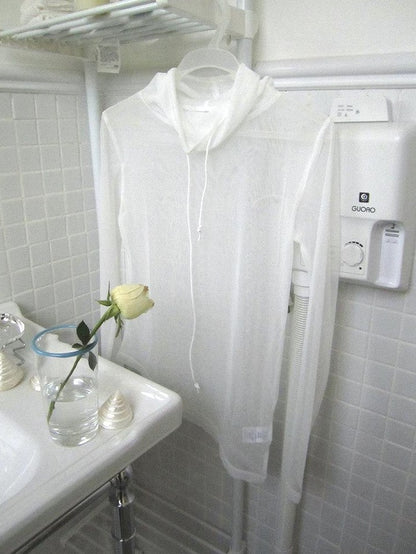 ang project Sheer White Mesh Draped Cowl Neck Women&