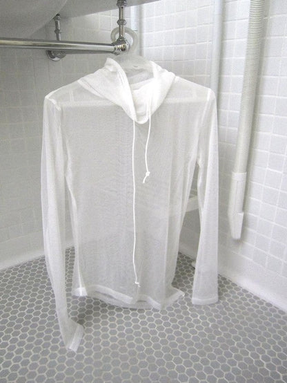 ang project Sheer White Mesh Draped Cowl Neck Women&