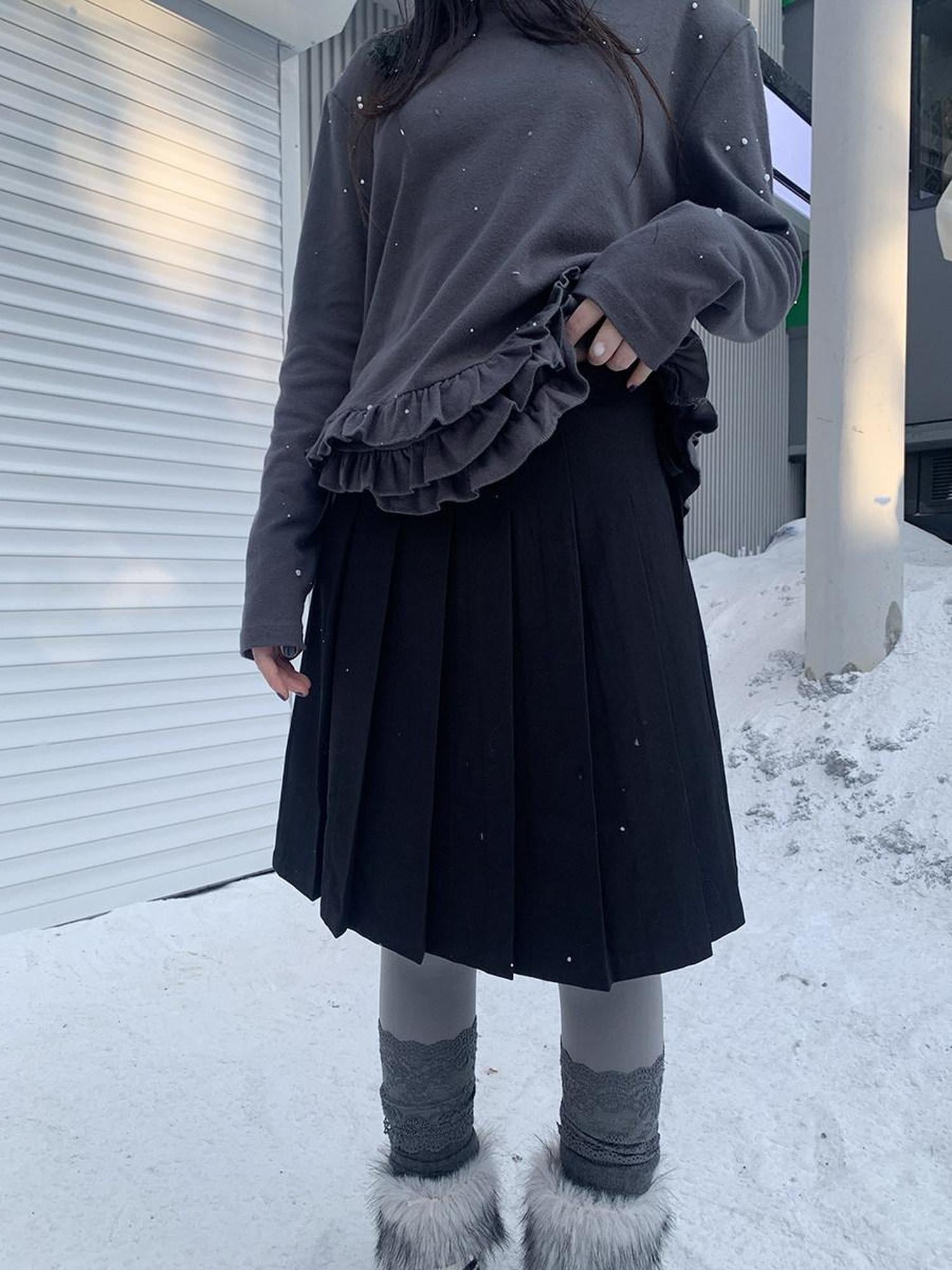 ang project Side Zipper Pleated Korean Style Casual Women Natural Waist Midi Skirt