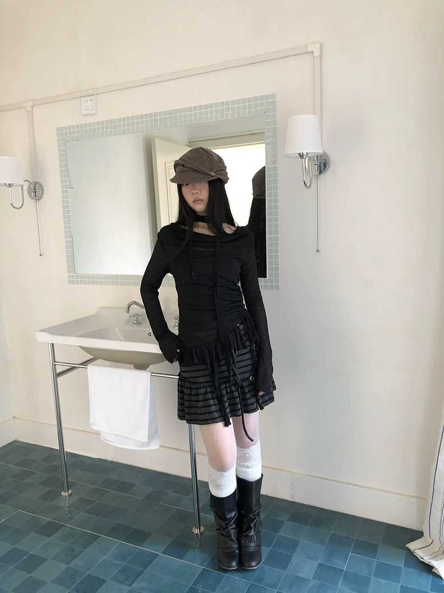 ang project Slim Fit Korean Style Solid Black Scoop Neck Long Sleeve Women Classic T-Shirt