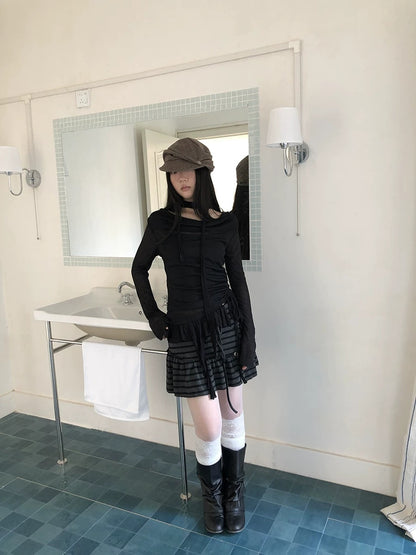 ang project Slim Fit Korean Style Solid Black Scoop Neck Long Sleeve Women Classic T-Shirt
