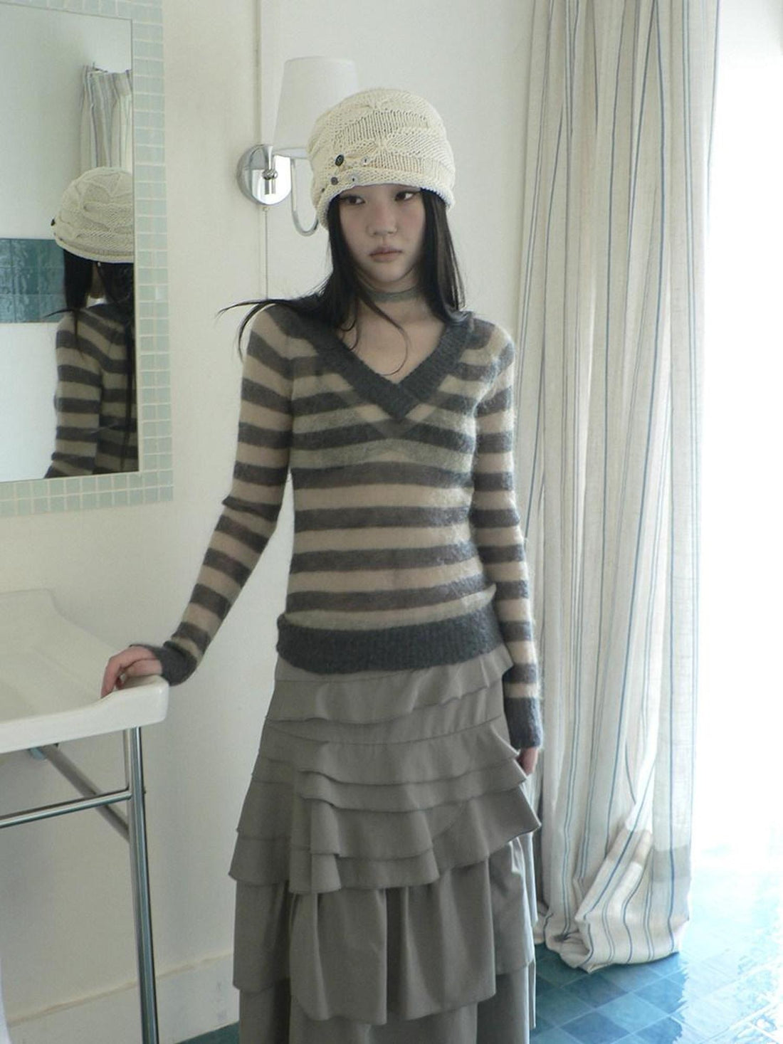 ang project Slim V Neck Contrast Striped Commuter Women Knit Long Sleeve T-Shirt
