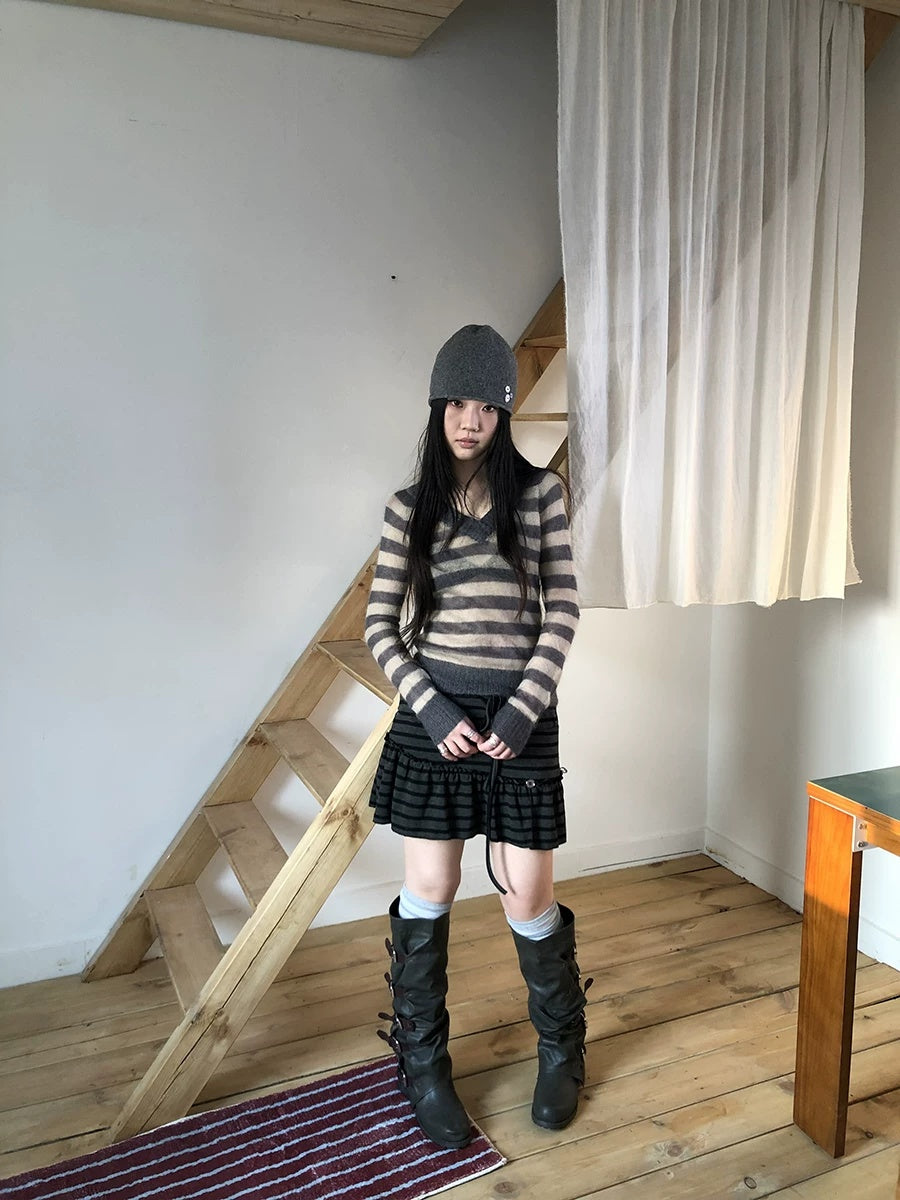 ang project Slim V Neck Contrast Striped Commuter Women Knit Long Sleeve T-Shirt