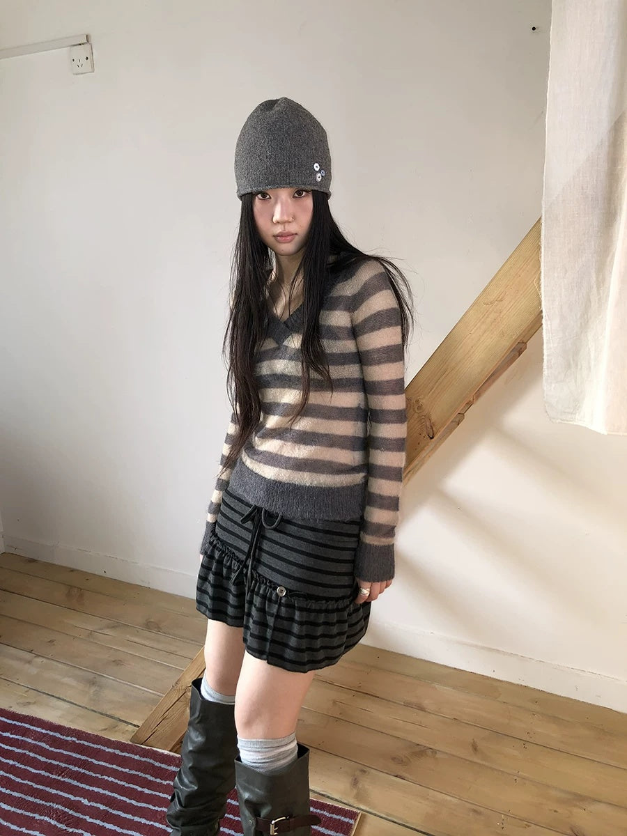 ang project Slim V Neck Contrast Striped Commuter Women Knit Long Sleeve T-Shirt