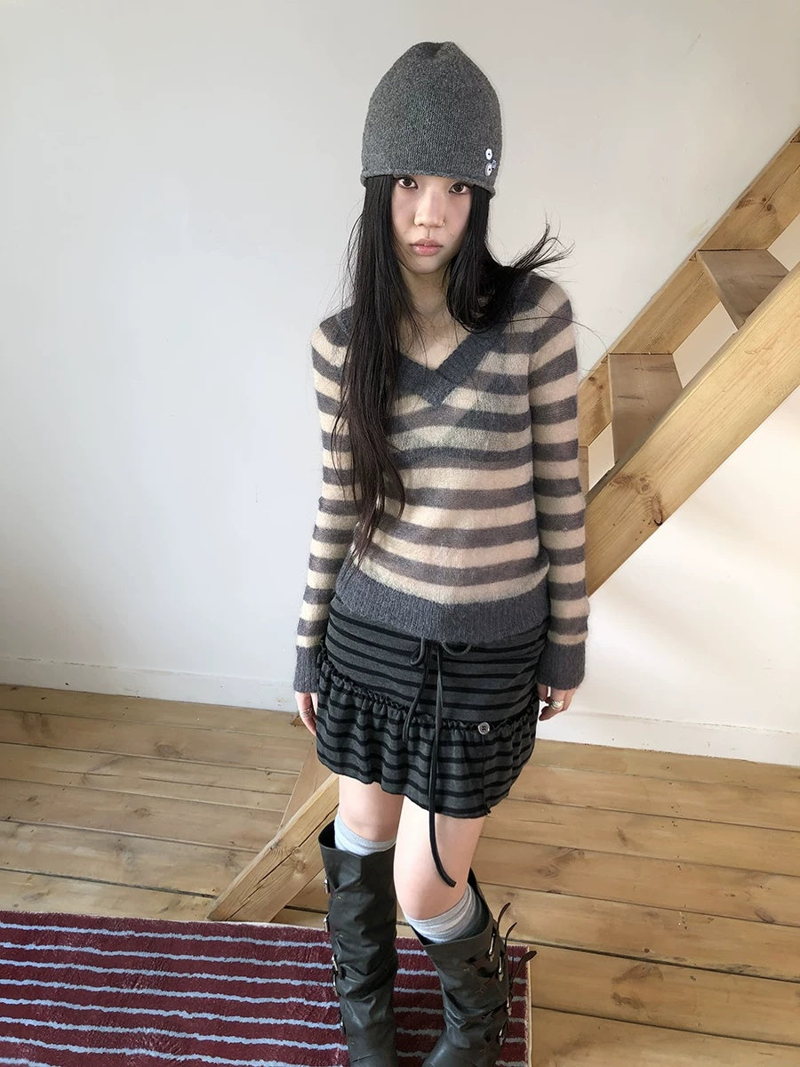 ang project Slim V Neck Contrast Striped Commuter Women Knit Long Sleeve T-Shirt