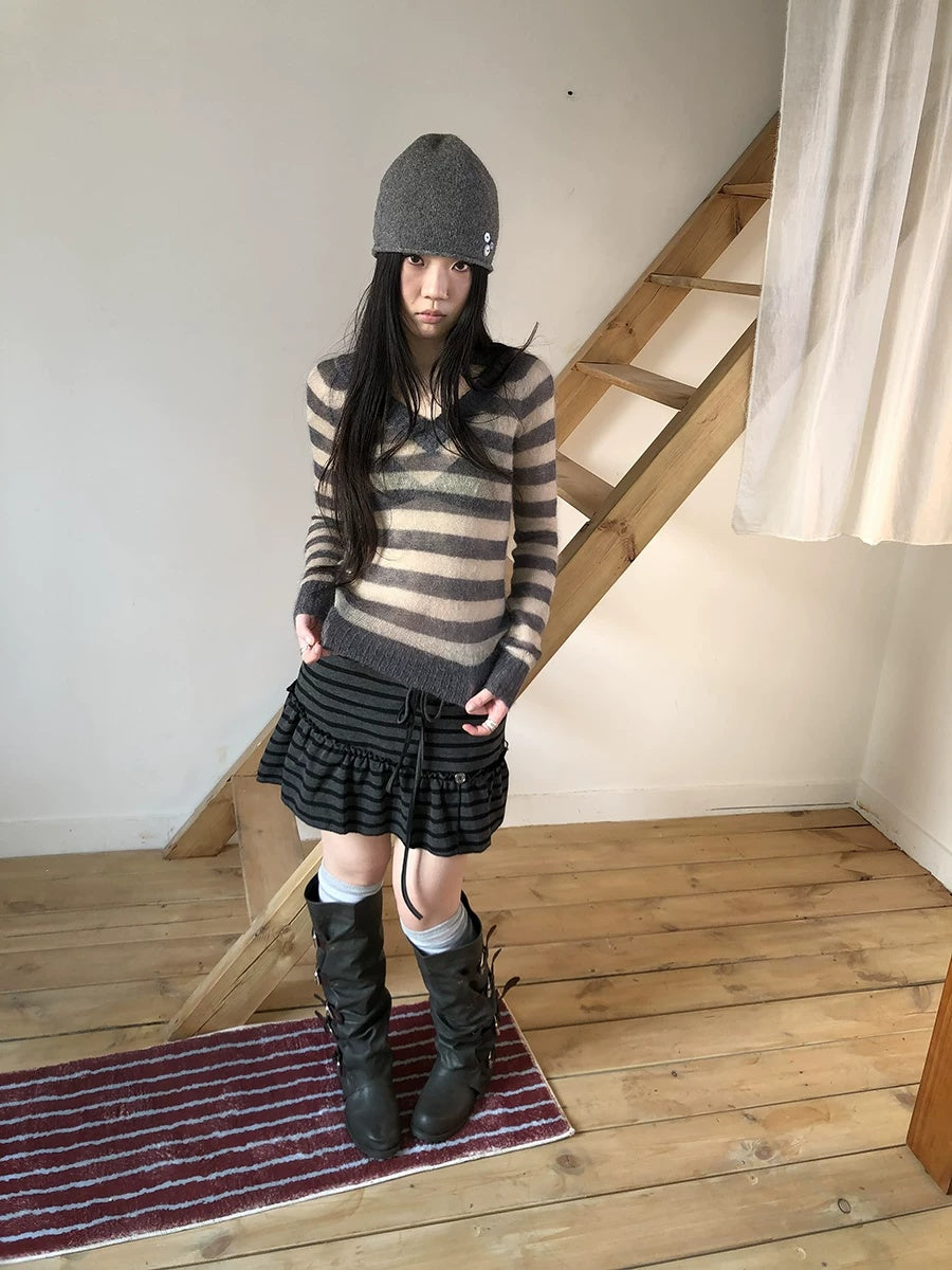 ang project Slim V Neck Contrast Striped Commuter Women Knit Long Sleeve T-Shirt