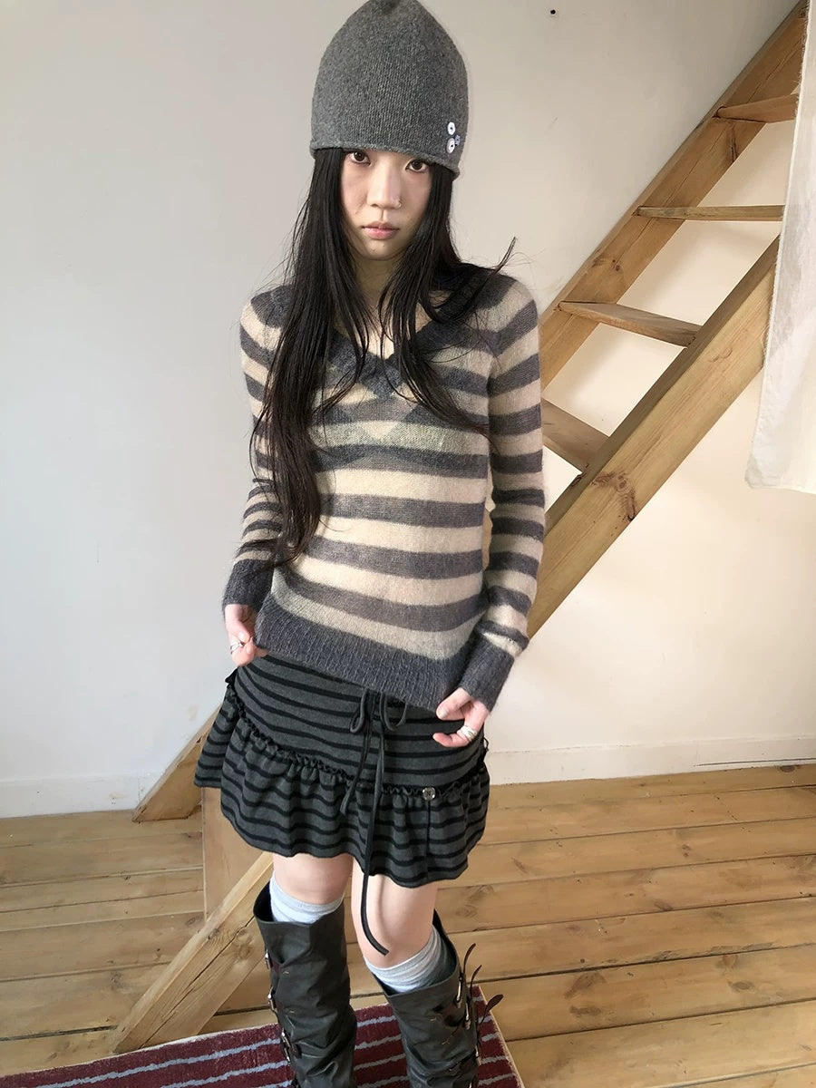 ang project Slim V Neck Contrast Striped Commuter Women Knit Long Sleeve T-Shirt