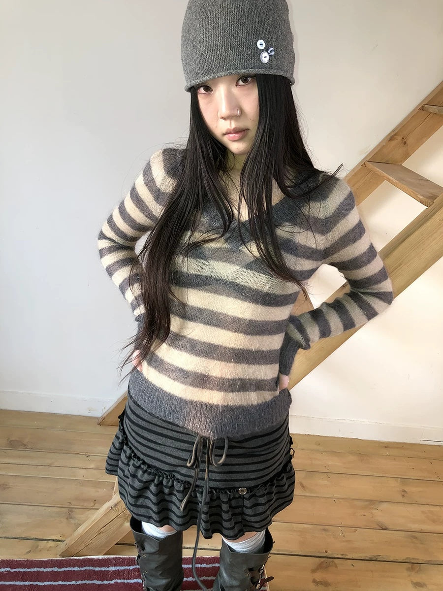 ang project Slim V Neck Contrast Striped Commuter Women Knit Long Sleeve T-Shirt