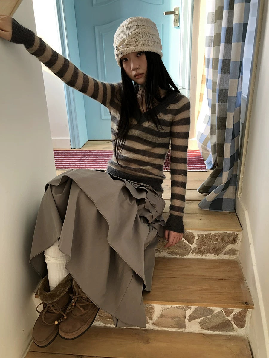 ang project Slim V Neck Contrast Striped Commuter Women Knit Long Sleeve T-Shirt