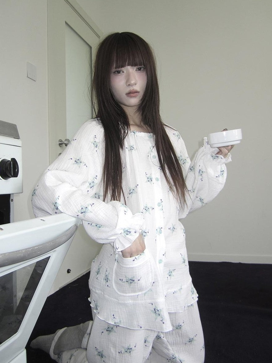 ang project Soft Musical Note Print Double Layer Cotton Long Sleeve Women&