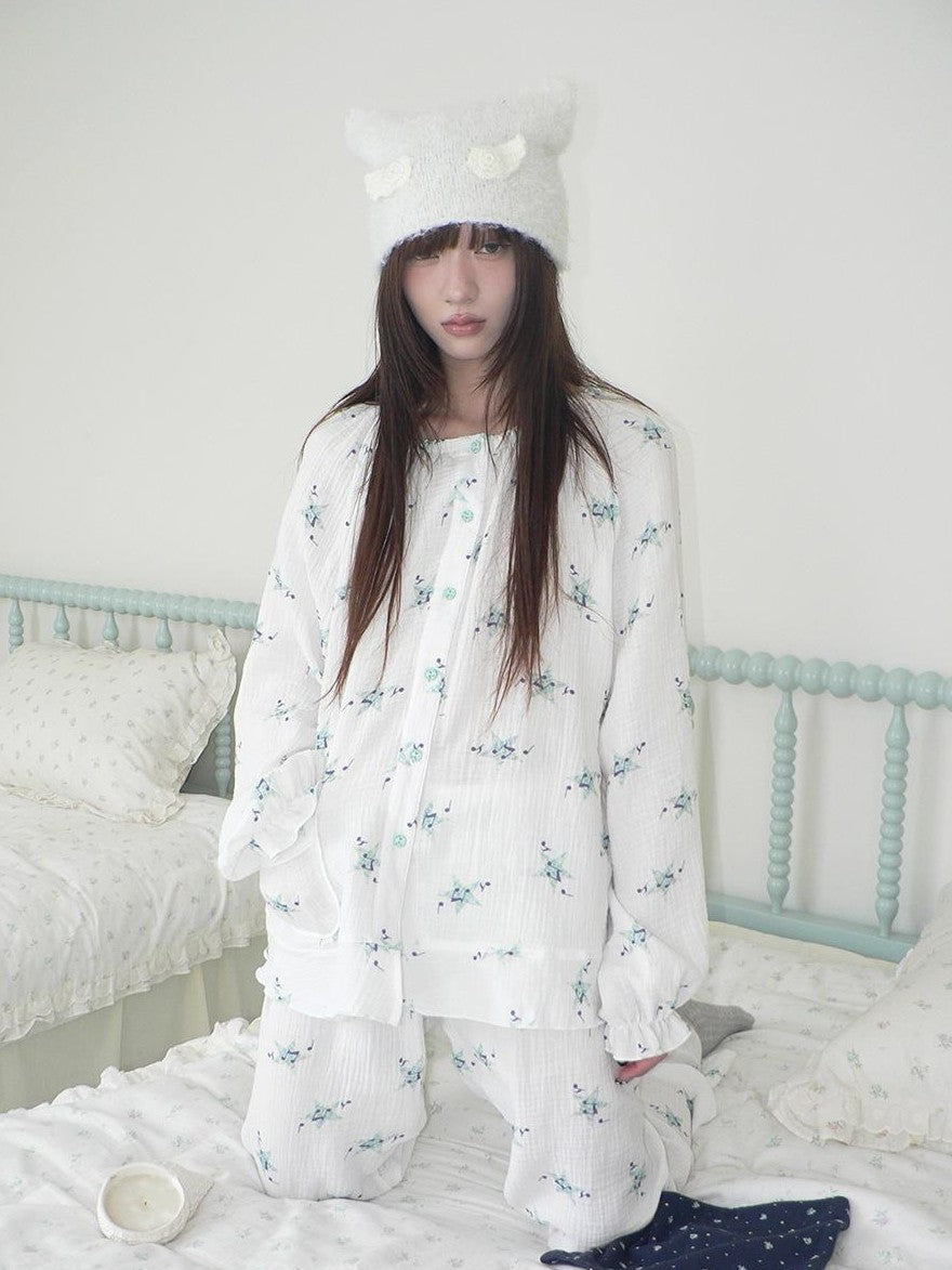 ang project Soft Musical Note Print Double Layer Cotton Long Sleeve Women&