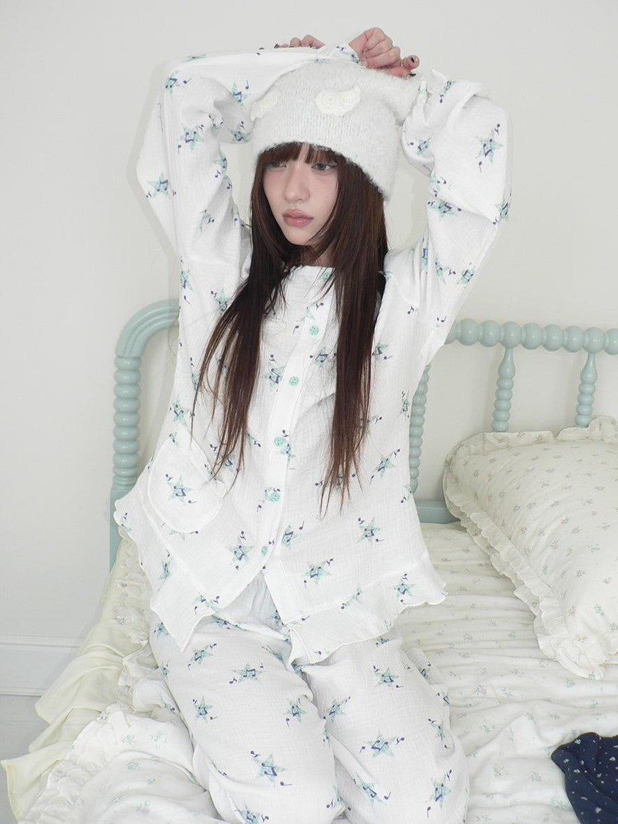 ang project Soft Musical Note Print Double Layer Cotton Long Sleeve Women&