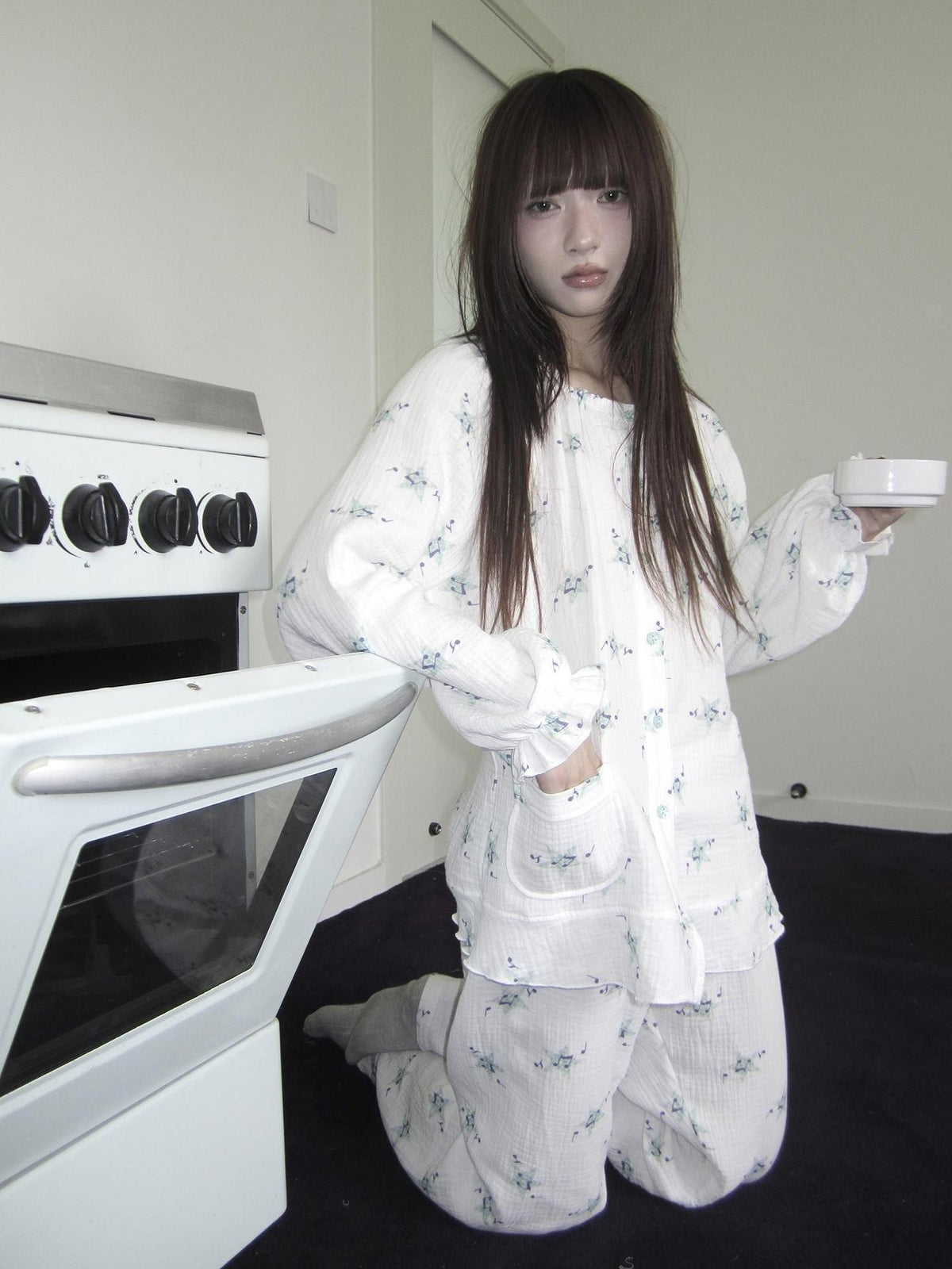 ang project Soft Musical Note Print Double Layer Cotton Long Sleeve Women&