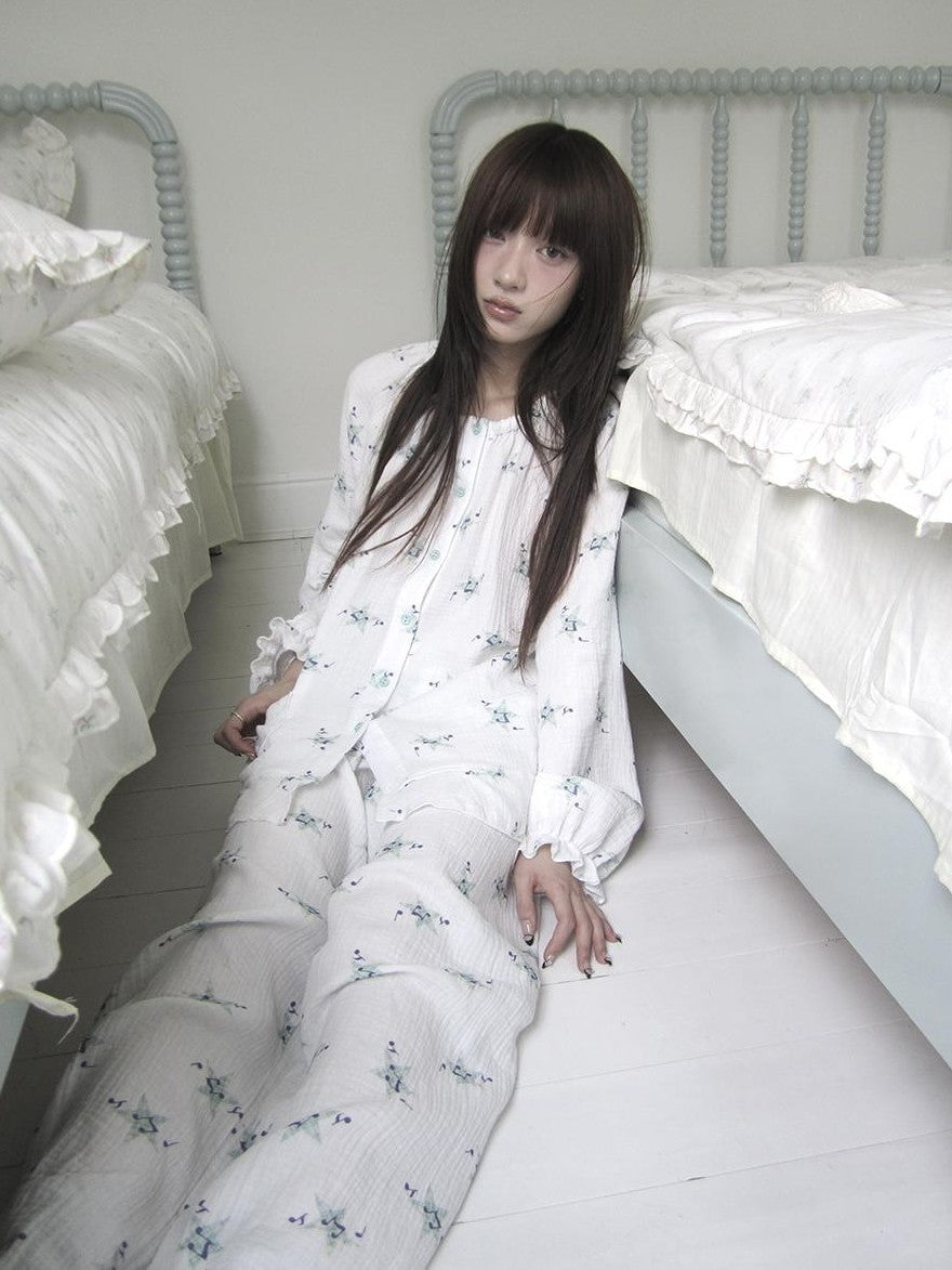 ang project Soft Musical Note Print Double Layer Cotton Long Sleeve Women&