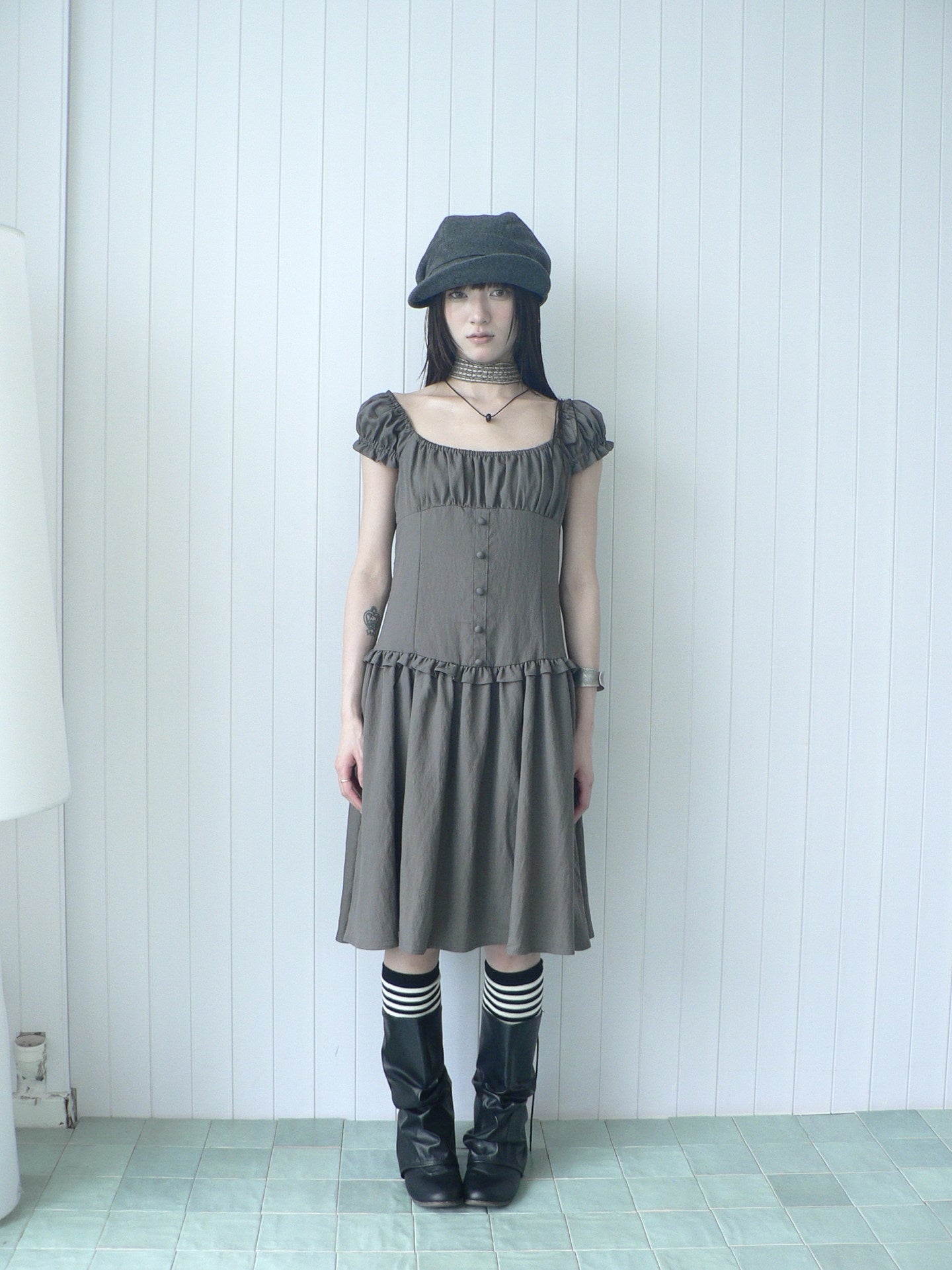 ang_project_Solid_Charcoal_Gray_Square_Neck_Puff_Sleeve_Buttoned_Cinched_Waist_Women&