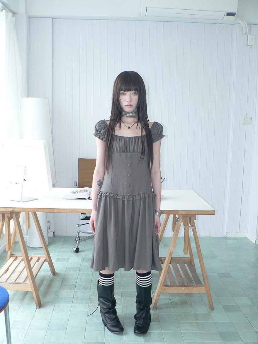 ang project Solid Charcoal Gray Square Neck Puff Sleeve Buttoned Cinched Waist Women&