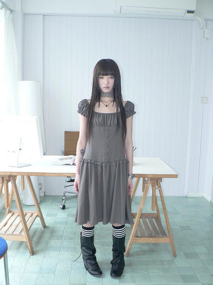 ang project Solid Charcoal Gray Square Neck Puff Sleeve Buttoned Cinched Waist Women&