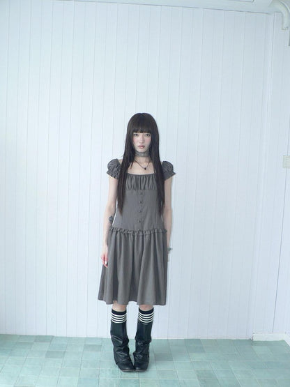 ang project Solid Charcoal Gray Square Neck Puff Sleeve Buttoned Cinched Waist Women&