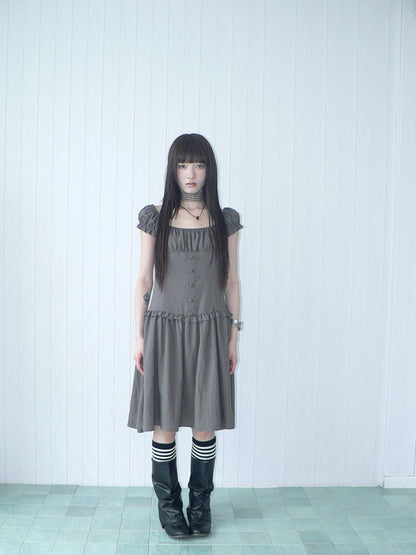 ang project Solid Charcoal Gray Square Neck Puff Sleeve Buttoned Cinched Waist Women&