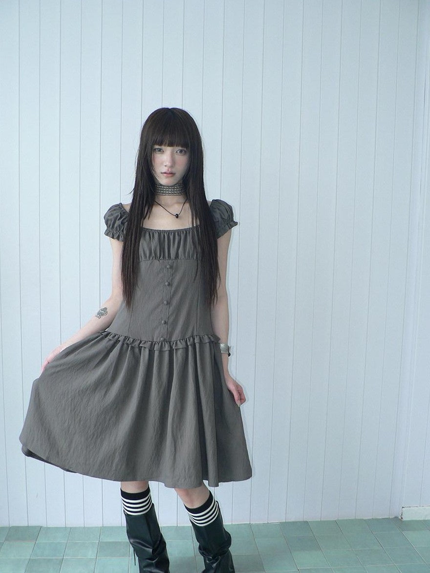 ang project Solid Charcoal Gray Square Neck Puff Sleeve Buttoned Cinched Waist Women&