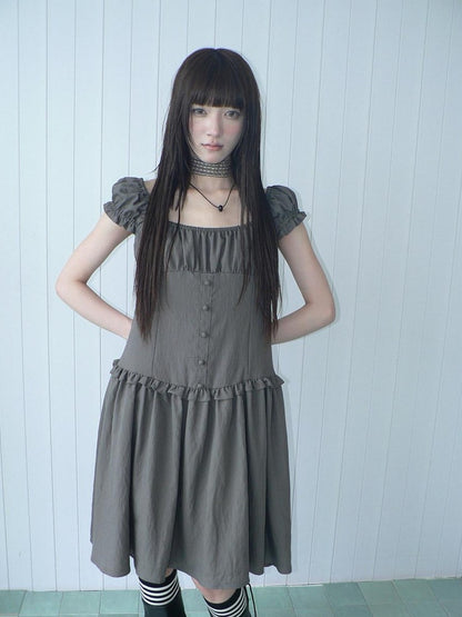 ang project Solid Charcoal Gray Square Neck Puff Sleeve Buttoned Cinched Waist Women&