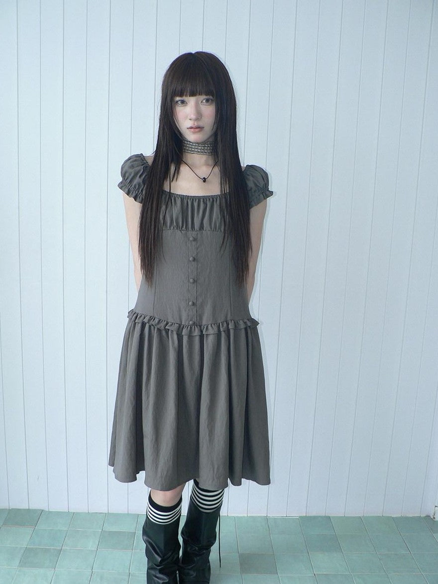 ang project Solid Charcoal Gray Square Neck Puff Sleeve Buttoned Cinched Waist Women&
