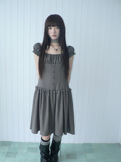 ang project Solid Charcoal Gray Square Neck Puff Sleeve Buttoned Cinched Waist Women&