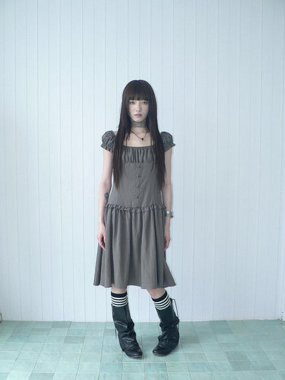ang project Solid Charcoal Gray Square Neck Puff Sleeve Buttoned Cinched Waist Women&