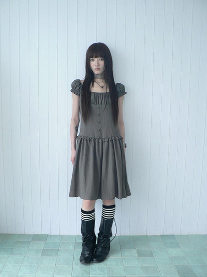 ang project Solid Charcoal Gray Square Neck Puff Sleeve Buttoned Cinched Waist Women&