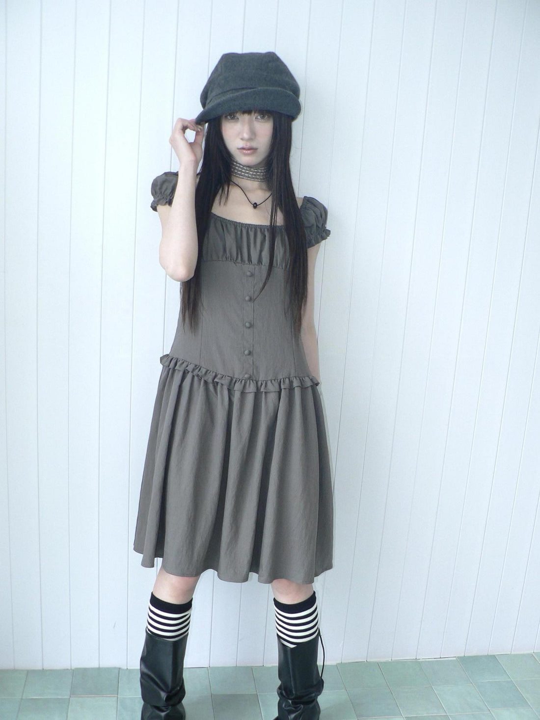 ang project Solid Charcoal Gray Square Neck Puff Sleeve Buttoned Cinched Waist Women&