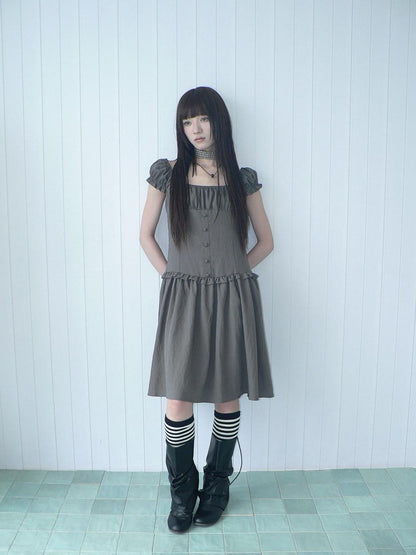 ang project Solid Charcoal Gray Square Neck Puff Sleeve Buttoned Cinched Waist Women&