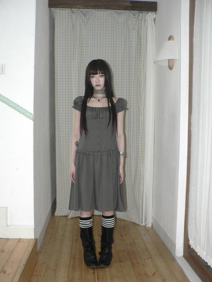 ang project Solid Charcoal Gray Square Neck Puff Sleeve Buttoned Cinched Waist Women&