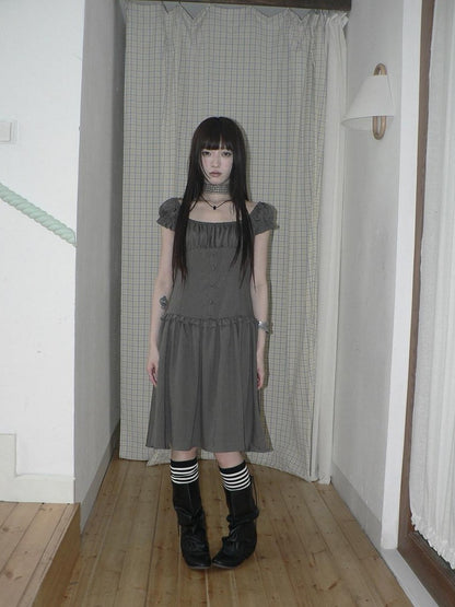 ang project Solid Charcoal Gray Square Neck Puff Sleeve Buttoned Cinched Waist Women&