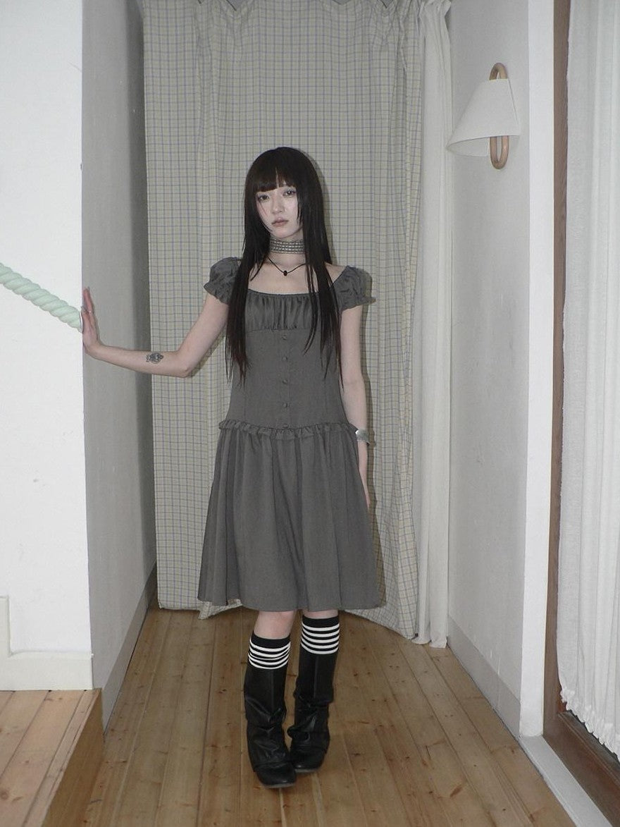 ang project Solid Charcoal Gray Square Neck Puff Sleeve Buttoned Cinched Waist Women&