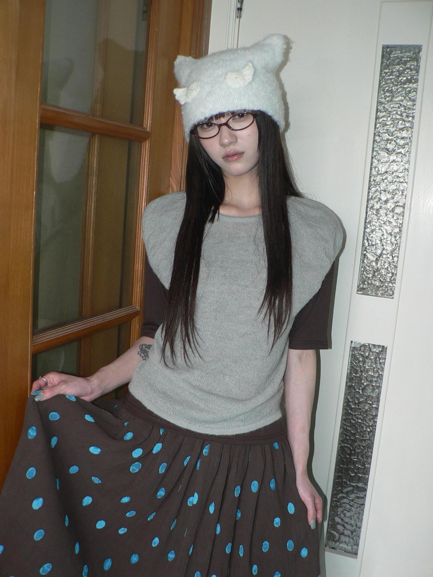 ang project Solid Gray Korean Minimal Casual Round Neck Layered Short Sleeve Women&