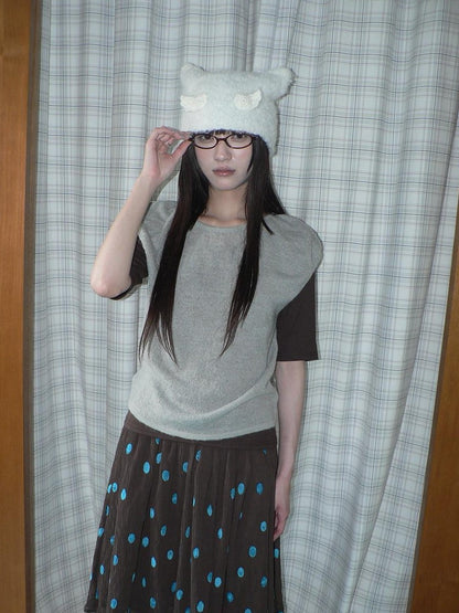ang project Solid Gray Korean Minimal Casual Round Neck Layered Short Sleeve Women&